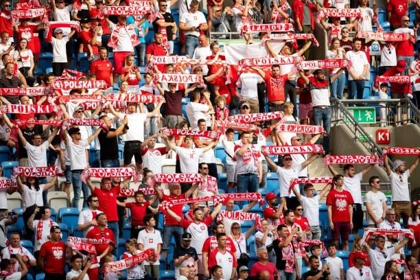 Supporters of Poland in the stands prior to the international friendly match between Poland and Iceland at Stadion Miejski on June 8, 2021 in Poznan,...