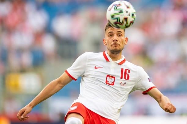 Jakub Moder of Poland controls the ball during the international friendly match between Poland and Iceland at Stadion Miejski on June 8, 2021 in...