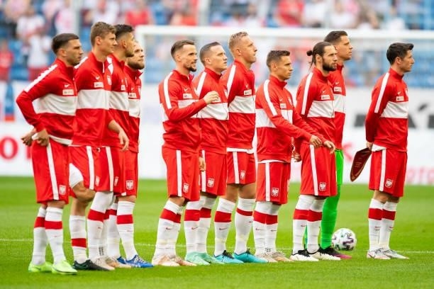 Line up of Poland prior to the international friendly match between Poland and Iceland at Stadion Miejski on June 8, 2021 in Poznan, Poland.
