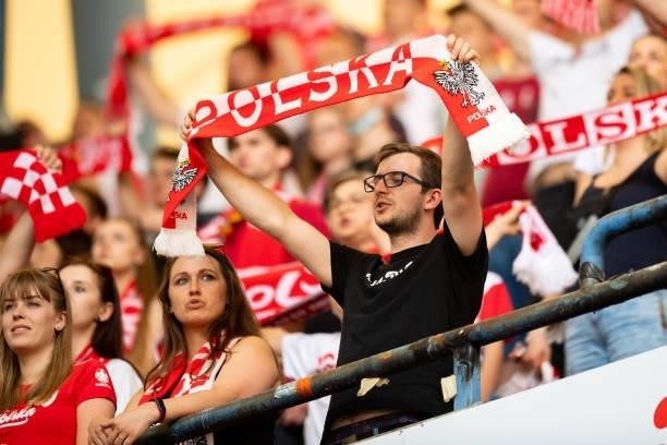 Supporter of Poland in the stands prior to the international friendly match between Poland and Iceland at Stadion Miejski on June 8, 2021 in Poznan,...