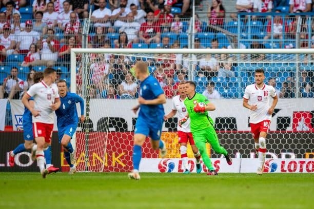 Wojciech Szczesny of Poland controls the ball during the international friendly match between Poland and Iceland at Stadion Miejski on June 8, 2021...