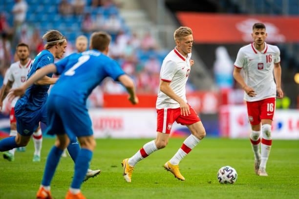 Karol Swiderski of Poland controls the ball during the international friendly match between Poland and Iceland at Stadion Miejski on June 8, 2021 in...