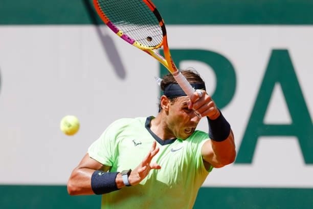 June 2021, France, Paris: Tennis: Grand Slam/ATP Tour - French Open, men's singles, quarter-finals, Nadal - Schwartzmann . Rafael Nadal is in action....