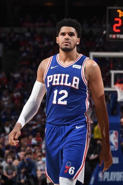 Tobias Harris of the Philadelphia 76ers looks on during a game against the Atlanta Hawks during Round 2, Game 2 of the Eastern Conference Playoffs on...