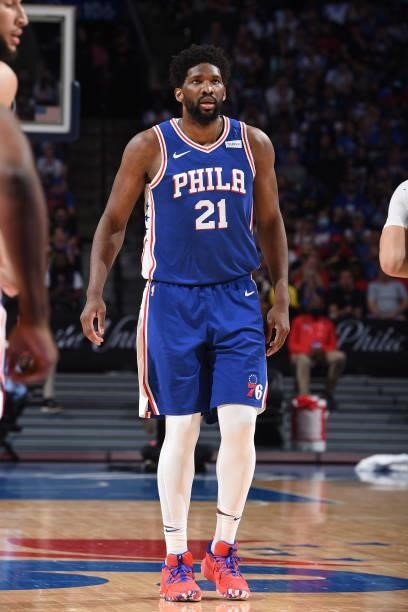 Joel Embiid of the Philadelphia 76ers looks on during a game against the Atlanta Hawks during Round 2, Game 2 of the Eastern Conference Playoffs on...