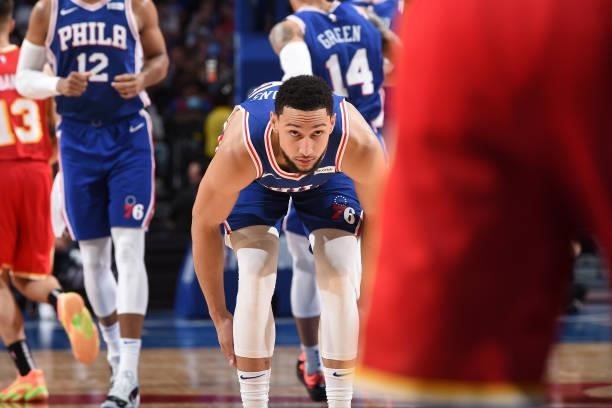 Ben Simmons of the Philadelphia 76ers looks on during a game against the Atlanta Hawks during Round 2, Game 2 of the Eastern Conference Playoffs on...