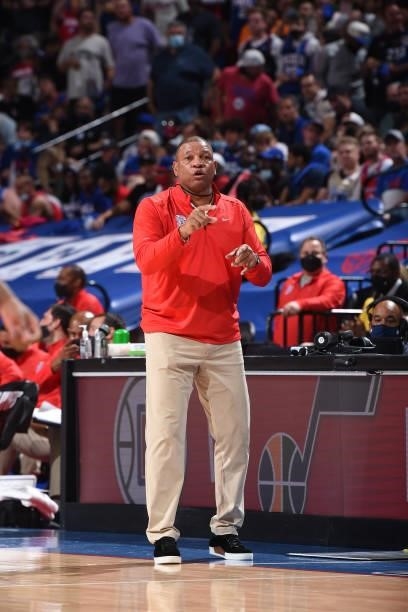 Head Coach Doc Rivers of the Philadelphia 76ers calls out a play during Round 2, Game 2 of the Eastern Conference Playoffs on June 8, 2021 at Wells...