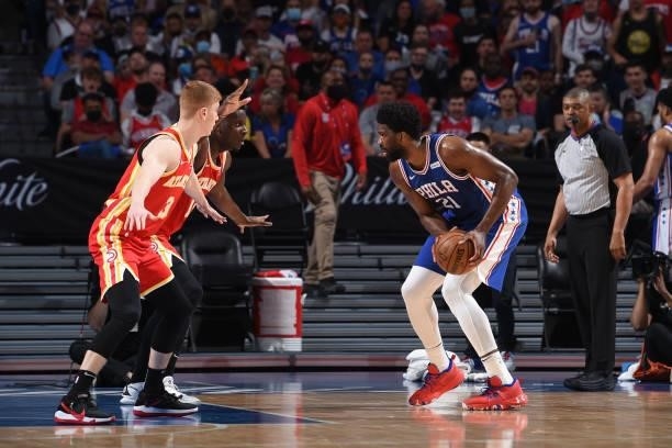 Joel Embiid of the Philadelphia 76ers handles the ball against the Atlanta Hawks during Round 2, Game 2 of the Eastern Conference Playoffs on June 8,...
