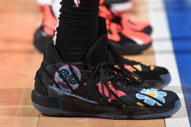The sneakers worn by John Collins of the Atlanta Hawks during Round 2, Game 2 of the Eastern Conference Playoffs on June 8, 2021 at Wells Fargo...