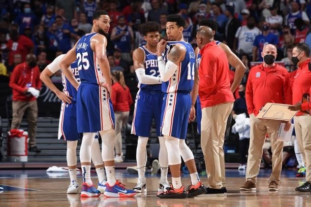 Ben Simmons of the Philadelphia 76ers and Danny Green of the Philadelphia 76ers look on during Round 2, Game 2 of the Eastern Conference Playoffs on...