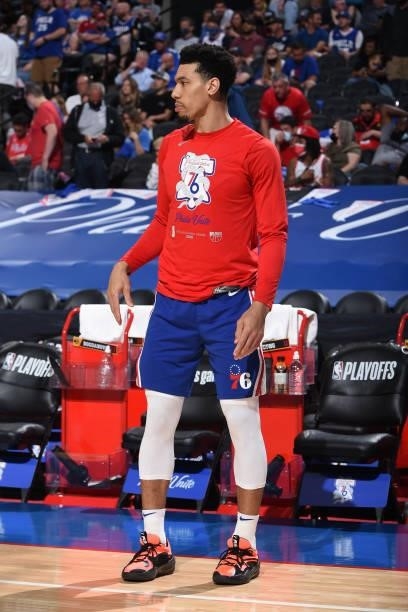 Danny Green of the Philadelphia 76ers warms up during half-time during Round 2, Game 2 of the Eastern Conference Playoffs on June 8, 2021 at Wells...