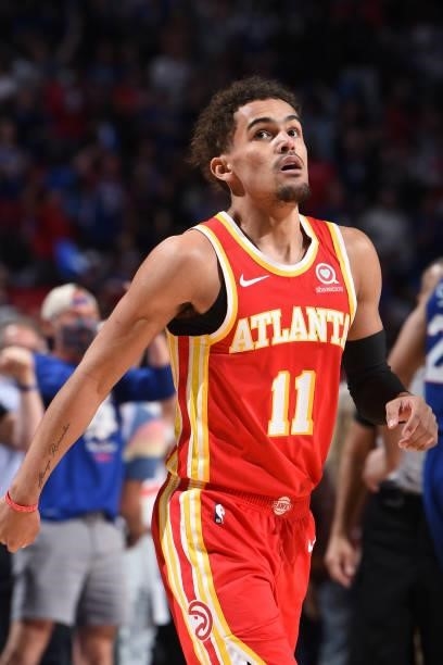 Trae Young of the Atlanta Hawks looks on during a game against the Philadelphia 76ers during Round 2, Game 2 of the Eastern Conference Playoffs on...