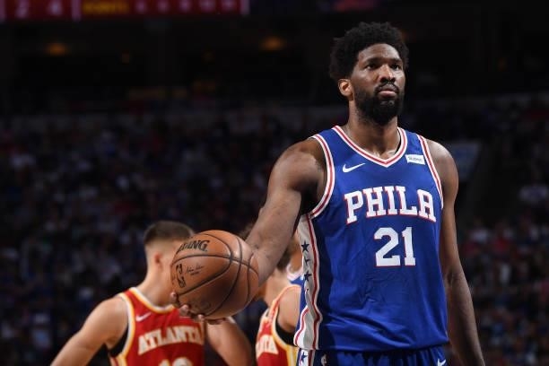 Joel Embiid of the Philadelphia 76ers shoots a free throw during a game against the Atlanta Hawks during Round 2, Game 2 of the Eastern Conference...