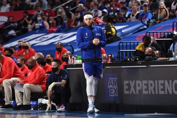 Seth Curry of the Philadelphia 76ers looks on during a game against the Atlanta Hawks during Round 2, Game 2 of the Eastern Conference Playoffs on...