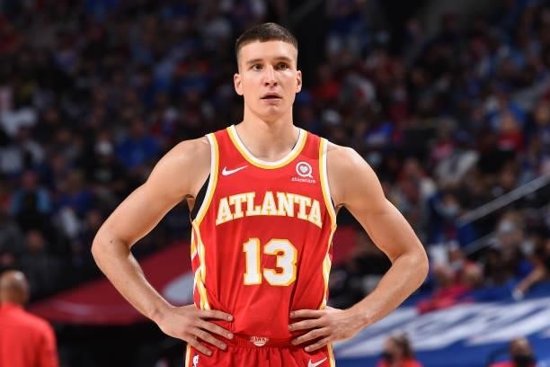 Bogdan Bogdanovic of the Atlanta Hawks looks on during a game against the Philadelphia 76ers during Round 2, Game 2 of the Eastern Conference...