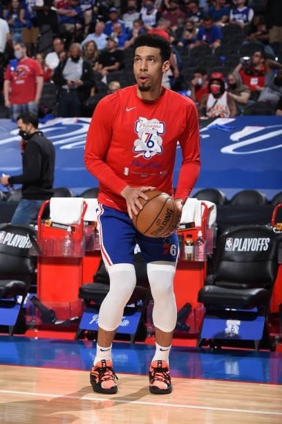 Danny Green of the Philadelphia 76ers warms up during half-time during Round 2, Game 2 of the Eastern Conference Playoffs on June 8, 2021 at Wells...