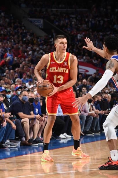 Bogdan Bogdanovic of the Atlanta Hawks handles the ball against the Philadelphia 76ers during Round 2, Game 2 of the Eastern Conference Playoffs on...