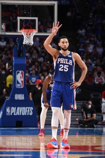 Ben Simmons of the Philadelphia 76ers calls out a play during Round 2, Game 2 of the Eastern Conference Playoffs on June 8, 2021 at Wells Fargo...