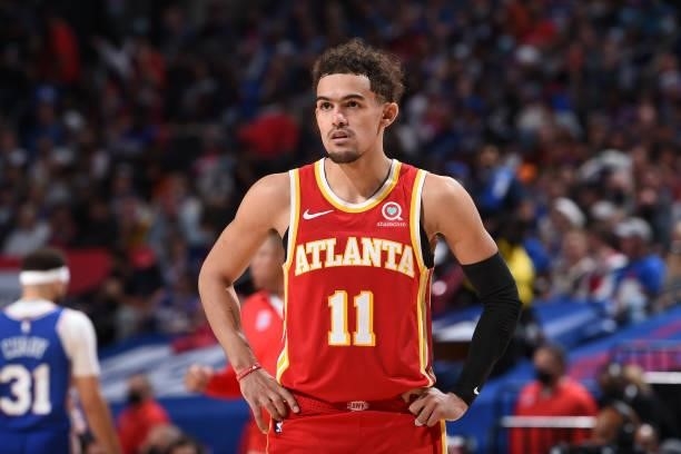 Trae Young of the Atlanta Hawks looks on during a game against the Philadelphia 76ers during Round 2, Game 2 of the Eastern Conference Playoffs on...