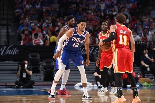 Tobias Harris of the Philadelphia 76ers plays defense against the Atlanta Hawks during Round 2, Game 2 of the Eastern Conference Playoffs on June 8,...