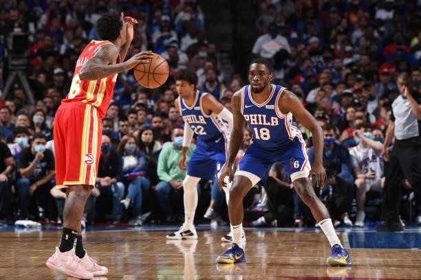 Shake Milton of the Philadelphia 76ers plays defense against the Atlanta Hawks during Round 2, Game 2 of the Eastern Conference Playoffs on June 8,...