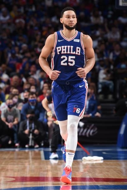 Ben Simmons of the Philadelphia 76ers runs on during a game against the Atlanta Hawks during Round 2, Game 2 of the Eastern Conference Playoffs on...