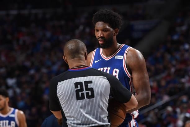 Referee Tony Brothers and Joel Embiid of the Philadelphia 76ers talk during Round 2, Game 2 of the Eastern Conference Playoffs on June 8, 2021 at...