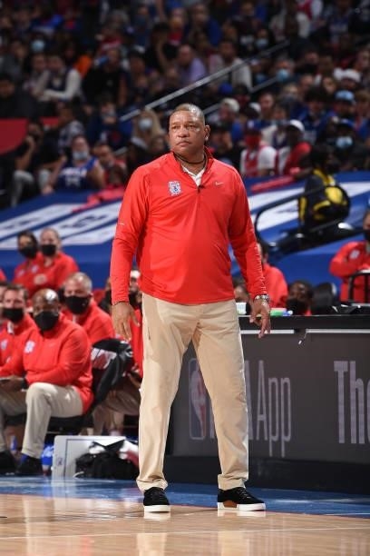 Head Coach Doc Rivers of the Philadelphia 76ers looks on during Round 2, Game 2 of the Eastern Conference Playoffs on June 8, 2021 at Wells Fargo...