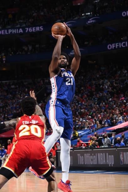 Joel Embiid of the Philadelphia 76ers shoots the ball against the Atlanta Hawks during Round 2, Game 2 of the Eastern Conference Playoffs on June 8,...