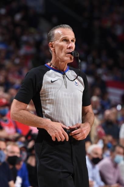 Referee Ken Mauer looks on during Round 2, Game 2 of the Eastern Conference Playoffs on June 8, 2021 at Wells Fargo Center in Philadelphia,...