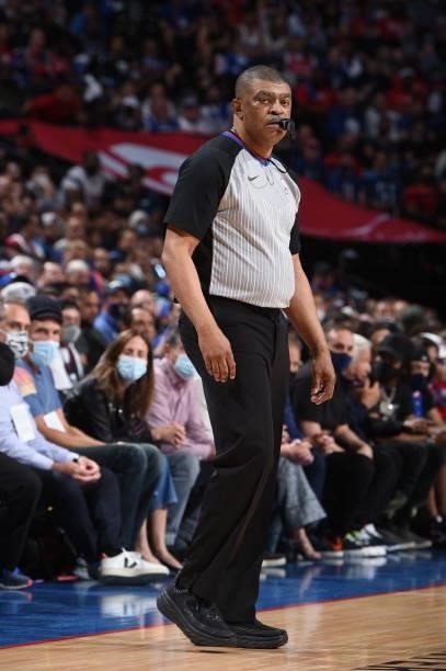 Referee Tony Brothers looks on during Round 2, Game 2 of the Eastern Conference Playoffs on June 8, 2021 at Wells Fargo Center in Philadelphia,...