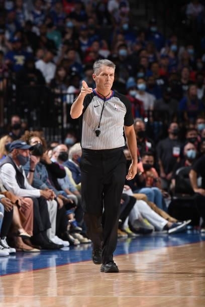Referee Scott Foster looks on during Round 2, Game 2 of the Eastern Conference Playoffs on June 8, 2021 at Wells Fargo Center in Philadelphia,...
