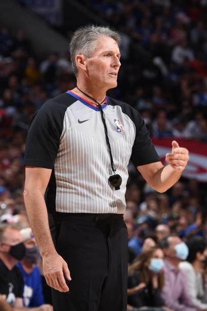 Referee Scott Foster looks on during Round 2, Game 2 of the Eastern Conference Playoffs on June 8, 2021 at Wells Fargo Center in Philadelphia,...