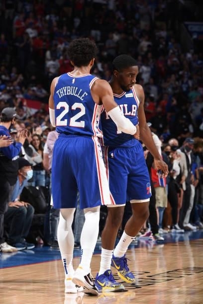 Matisse Thybulle of the Philadelphia 76ers and Shake Milton of the Philadelphia 76ers hug during Round 2, Game 2 of the Eastern Conference Playoffs...