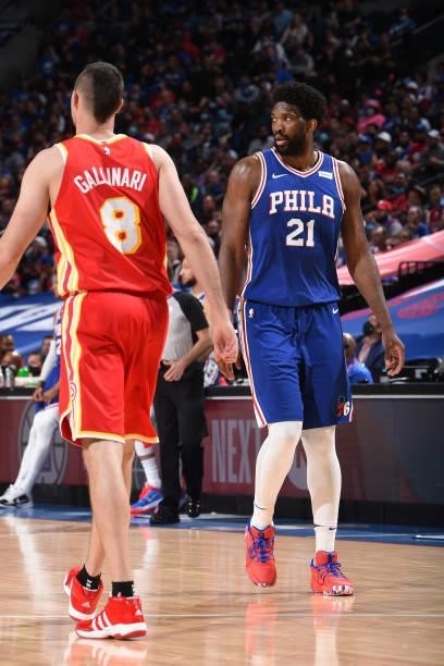 Joel Embiid of the Philadelphia 76ers looks on during a game against the Atlanta Hawks during Round 2, Game 2 of the Eastern Conference Playoffs on...
