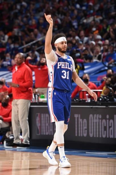 Seth Curry of the Philadelphia 76ers reacts during a game against the Atlanta Hawks during Round 2, Game 2 of the Eastern Conference Playoffs on June...