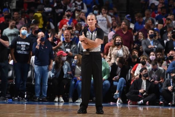 Referee Ken Mauer looks on during Round 2, Game 2 of the Eastern Conference Playoffs on June 8, 2021 at Wells Fargo Center in Philadelphia,...