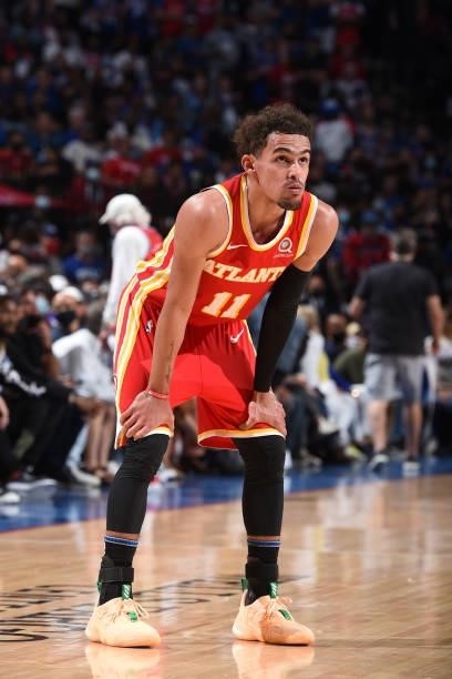 Trae Young of the Atlanta Hawks looks on during Round 2, Game 2 of the Eastern Conference Playoffs on June 8, 2021 at Wells Fargo Center in...