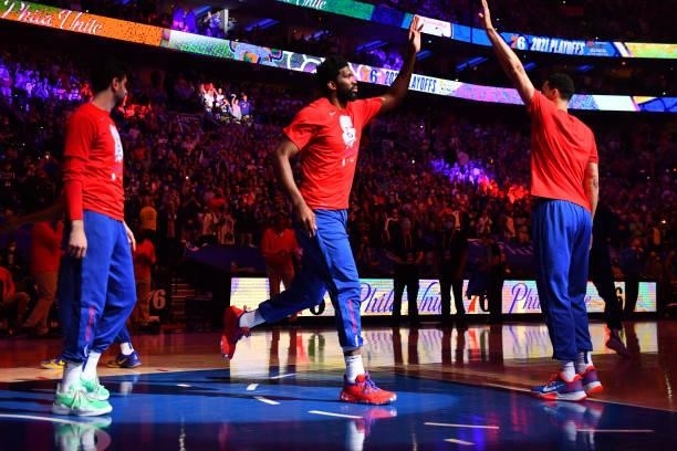 Joel Embiid of the Philadelphia 76ers is introduced prior to a game against the Atlanta Hawks during Round 2, Game 2 of the Eastern Conference...
