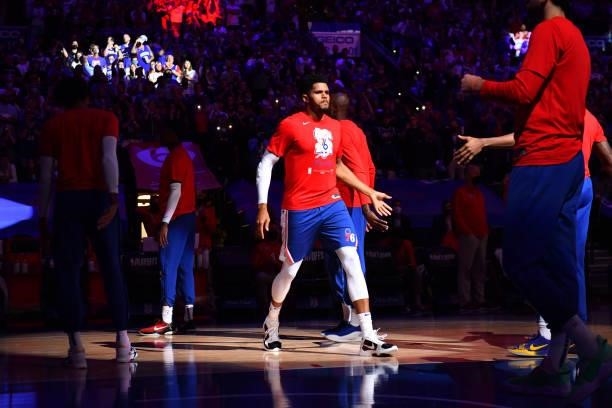 Tobias Harris of the Philadelphia 76ers is introduced prior to a game against the Atlanta Hawks during Round 2, Game 2 of the Eastern Conference...