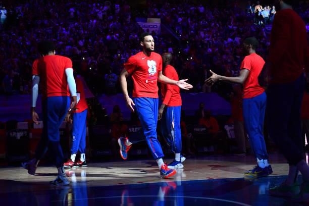 Ben Simmons of the Philadelphia 76ers is introduced prior to a game against the Atlanta Hawks during Round 2, Game 2 of the Eastern Conference...