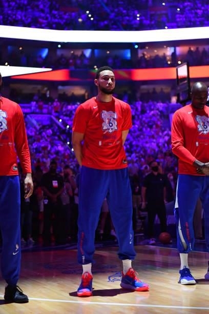 Ben Simmons of the Philadelphia 76ers looks on prior to a game against the Atlanta Hawks during Round 2, Game 2 of the Eastern Conference Playoffs on...