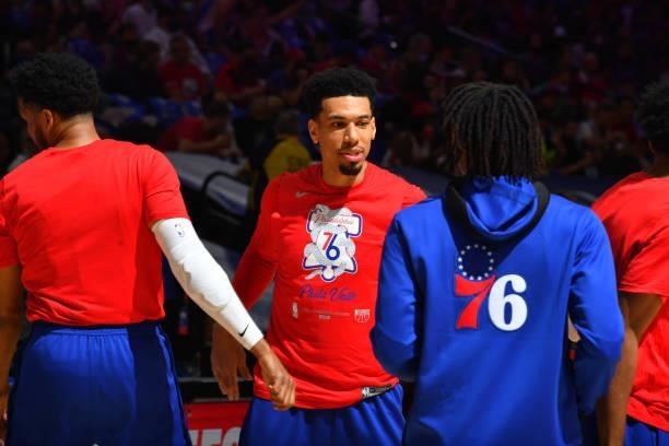 Danny Green of the Philadelphia 76ers is introduced prior to a game against the Atlanta Hawks during Round 2, Game 2 of the Eastern Conference...