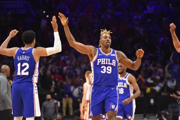Tobias Harris of the Philadelphia 76ers and Dwight Howard of the Philadelphia 76ers high-five during Round 2, Game 2 of the Eastern Conference...