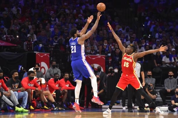 Joel Embiid of the Philadelphia 76ers shoots the ball against Clint Capela of the Atlanta Hawks during Round 2, Game 2 of the Eastern Conference...