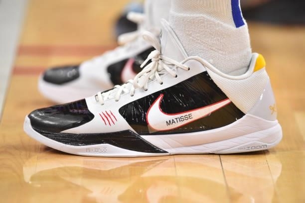 The sneakers worn by Matisse Thybulle of the Philadelphia 76ers during Round 2, Game 2 of the Eastern Conference Playoffs on June 8, 2021 at Wells...