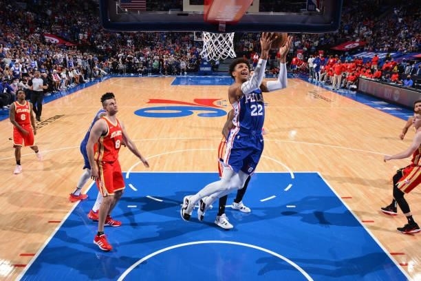 Matisse Thybulle of the Philadelphia 76ers shoots the ball against the Atlanta Hawks during Round 2, Game 2 of the Eastern Conference Playoffs on...