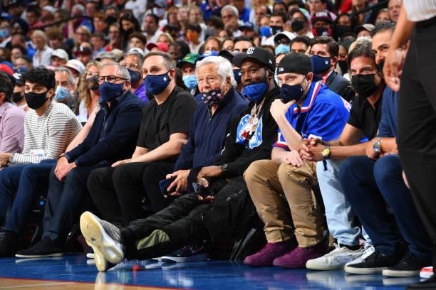 Businessman, Robert Kraft, and Rapper, Meek Mill attend a game between the Atlanta Hawks and the Philadelphia 76ers during Round 2, Game 2 of the...