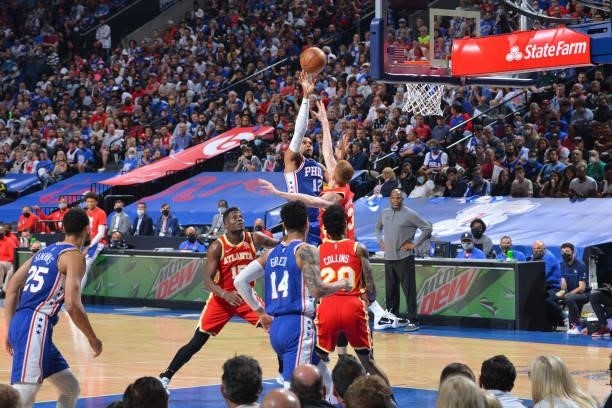 Tobias Harris of the Philadelphia 76ers shoots the ball against the Atlanta Hawks during Round 2, Game 2 of the Eastern Conference Playoffs on June...