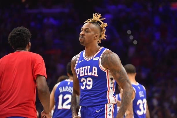 Dwight Howard of the Philadelphia 76ers reacts during a game against the Atlanta Hawks during Round 2, Game 2 of the Eastern Conference Playoffs on...